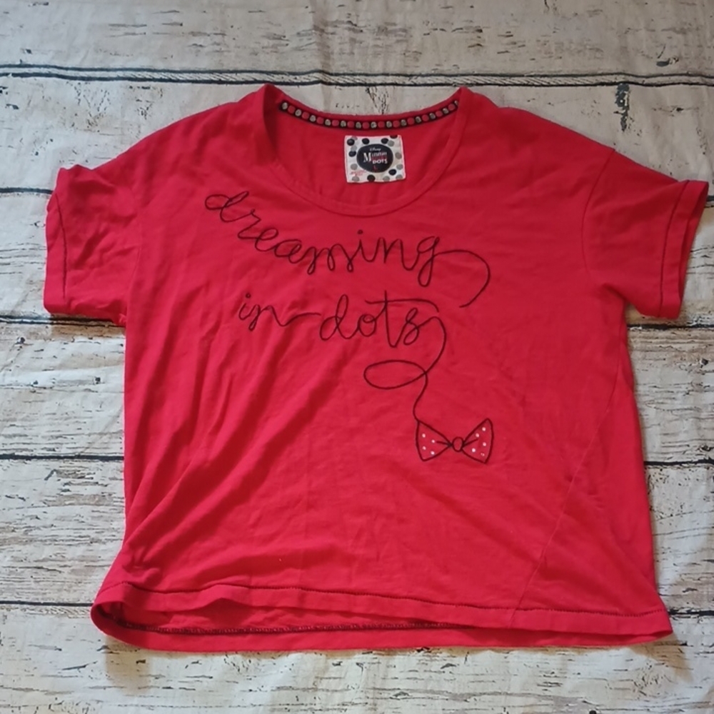 Disney Minnie Dreaming in Dots Red Black Embroidered T Shirt L